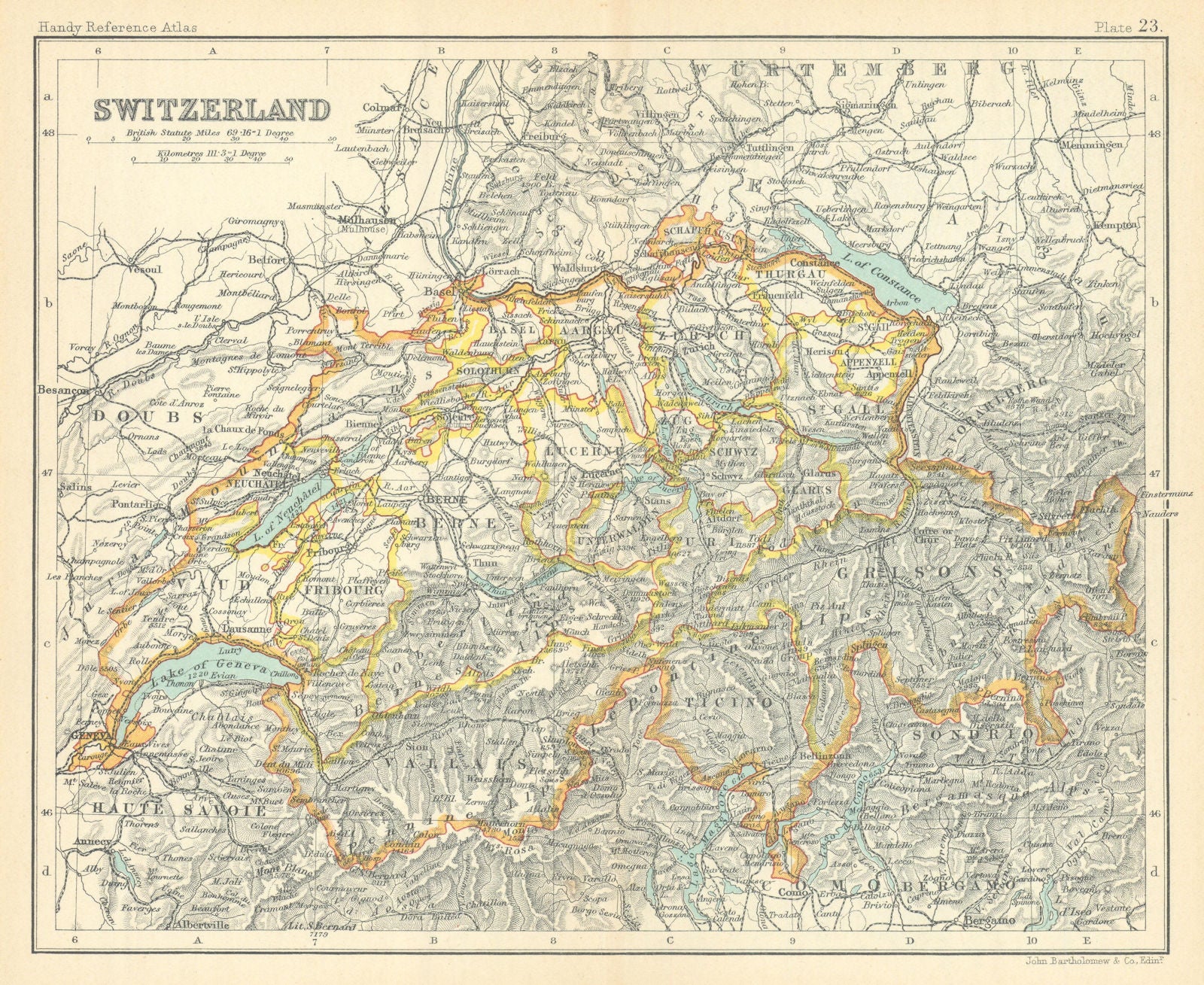 Switzerland showing cantons. BARTHOLOMEW 1909 old antique map plan chart
